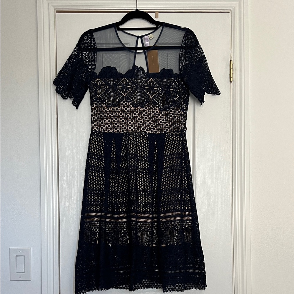 Alya Midnight Blue and Nude Lace Midi Dress